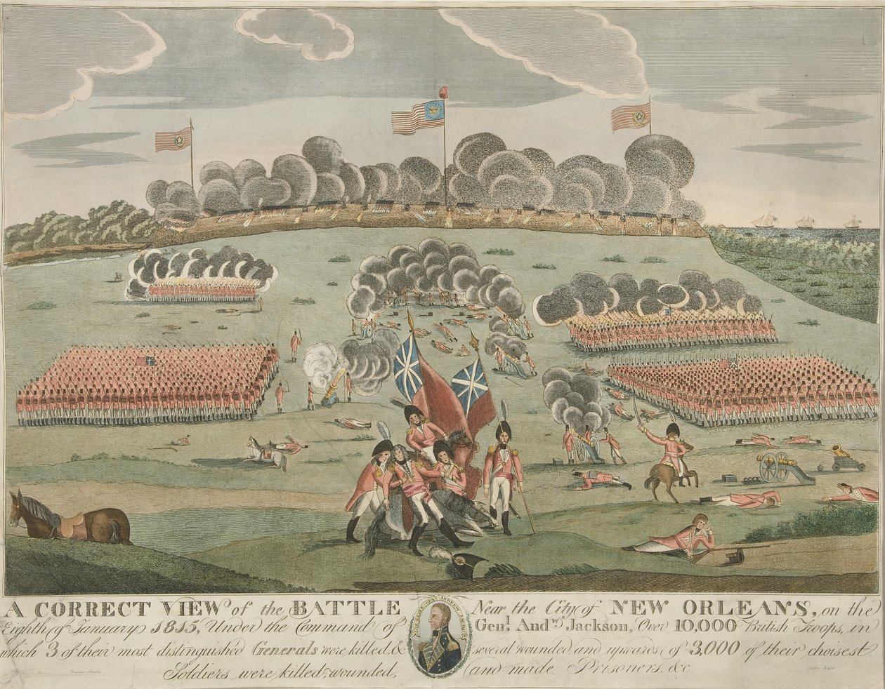 New Orleans Şehri yakınlarındaki Savaşın Doğru Görünümü, pub. c.1815 (El Renkli Gravür) by American School
