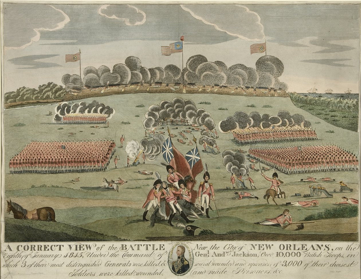 New Orleans Şehri yakınlarındaki Savaşın Doğru Görünümü, pub. c.1815 (el renkli Gravür) by American School