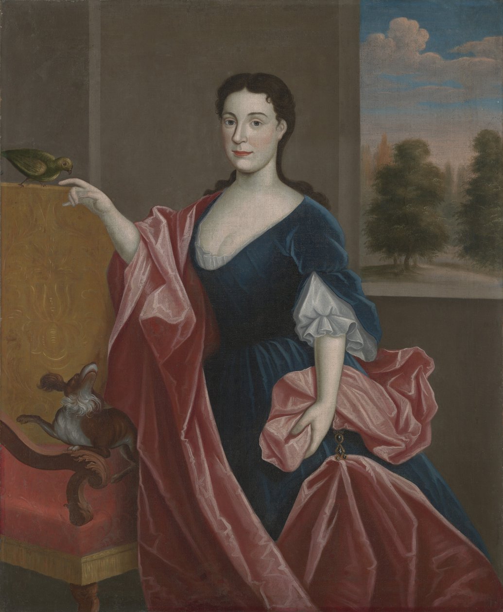 Köpekli ve Papağanlı Bir Hudson Vadisi Hanımı, c.1720-30 by American School