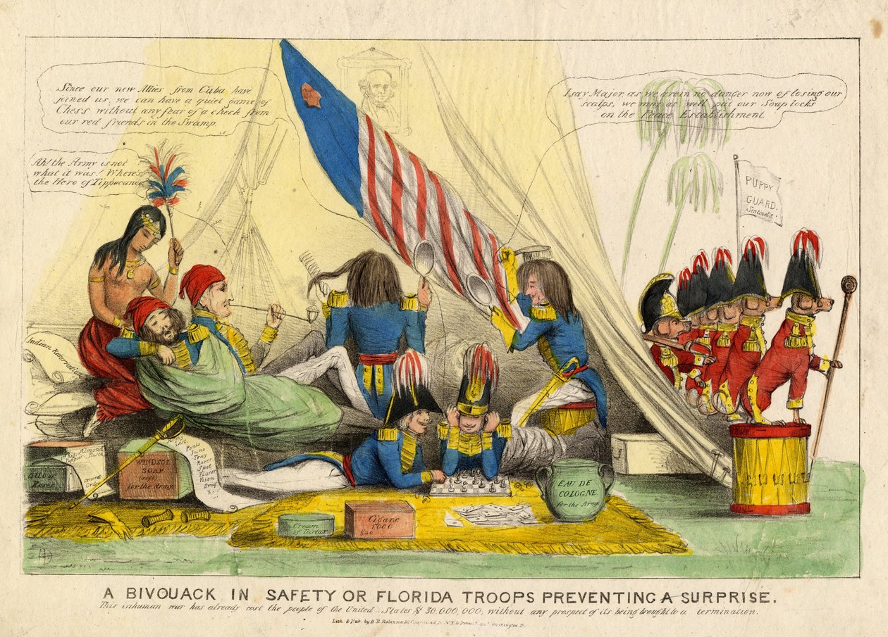 Emniyette bir kamp veya Florida birlikleri bir sürprizi önlüyor, H R Robinson, New York, 1839 dolaylarında yayınlandı. by American School