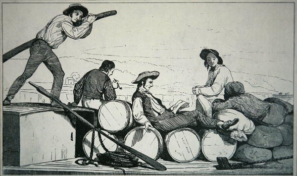 Mississippi Nehri üzerinde yük taşıyan bir düz tekne, 1840 dolayları (gravür) by American School