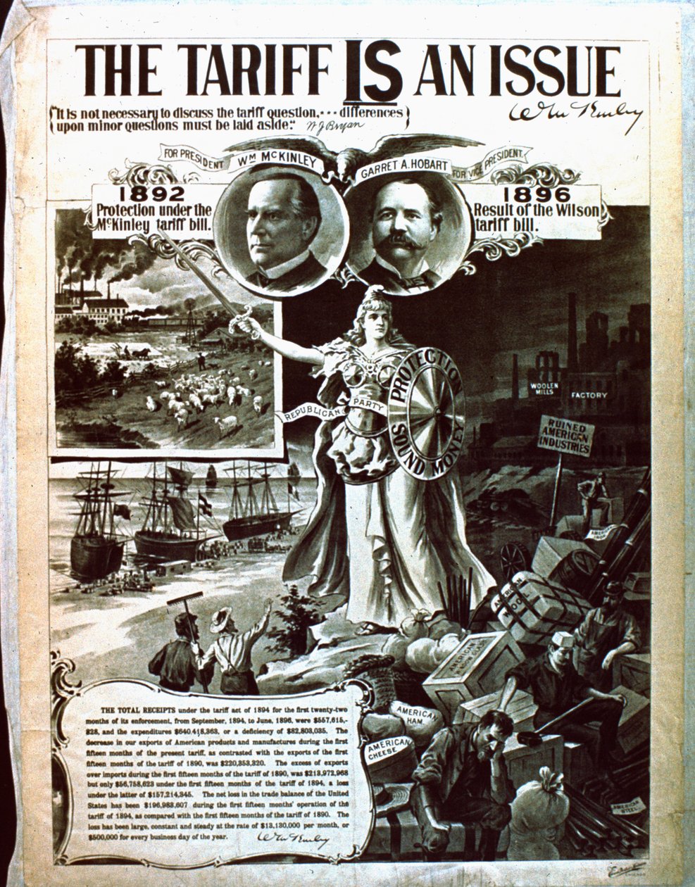 Wilsons üzerinde McKinleys vergi kanununu savunan bir siyasi poster by American School