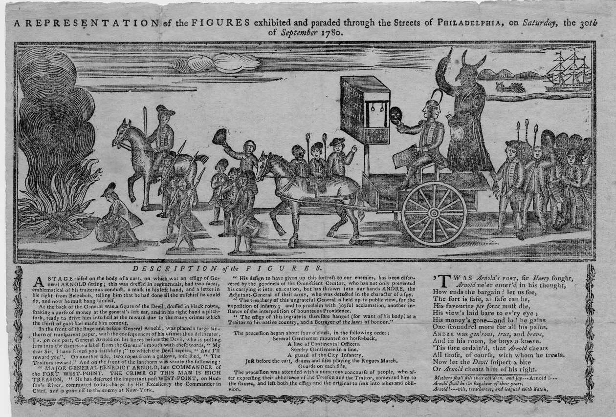 30 Eylül 1780 Cumartesi günü Philadelphia sokaklarında sergilenen ve geçit töreni yapılan figürlerin bir temsili by American School