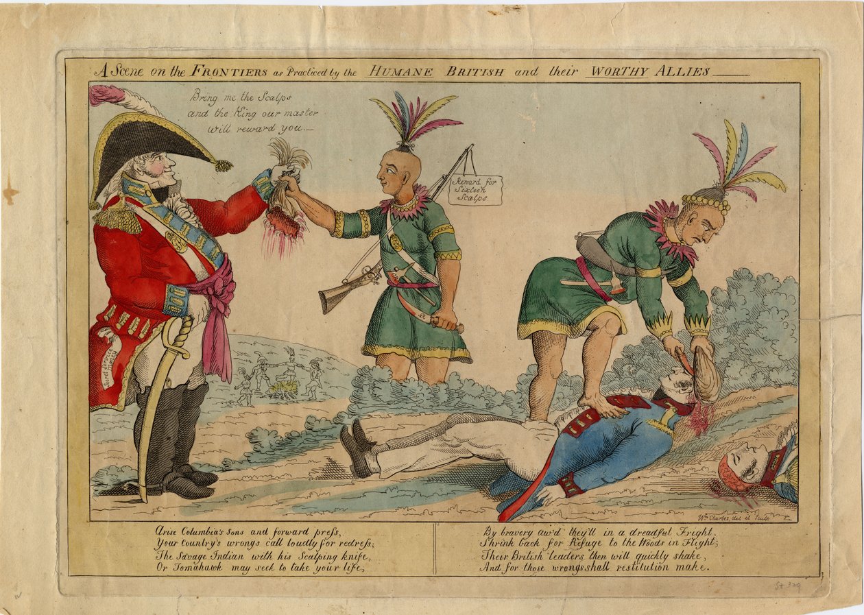 İnsancıl İngilizler ve onların değerli müttefikleri tarafından uygulanan sınırlarda bir sahne, c.1813 (el boyaması gravür) by American School
