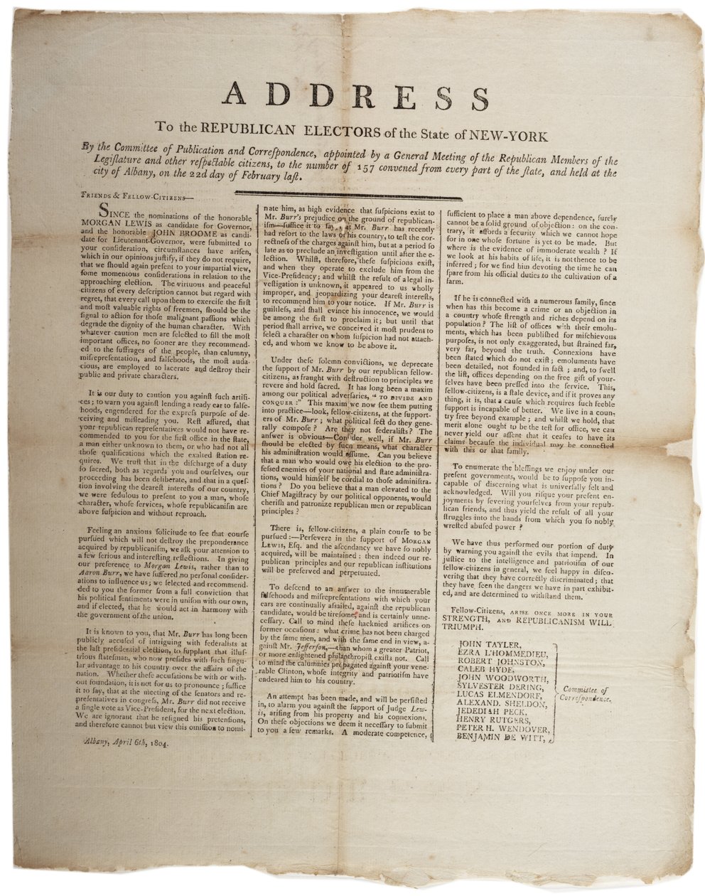 New York eyaletinin Cumhuriyetçi seçmenlerine hitaben, 6 Nisan 1804 by American School