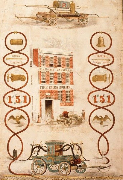 İtfaiye aracı üreticisi ve yangın söndürme ekipmanı üreticisi Abraham Vanness için reklam, pub. Geo tarafından. G. Gratacap, New York, 1850 dolayları (lito) by American School