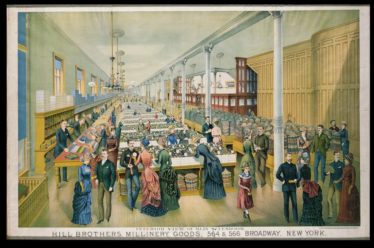 Ana satış odasının iç görünümü ile Hill Bros. Millinery Goods reklamı by American School