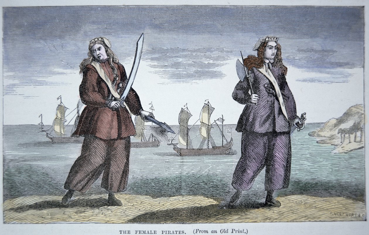 Anne Bonny (d.1697) ve Mary Read (renkli gravür) by American School