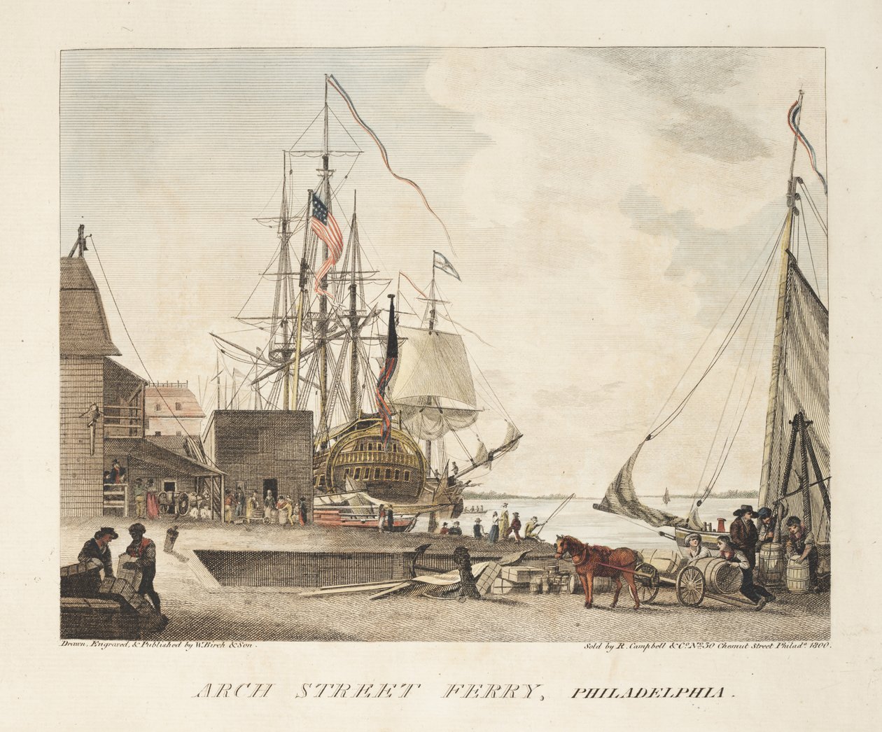 Arch Street Ferry, Philadelphia (renkli gravür) by American School