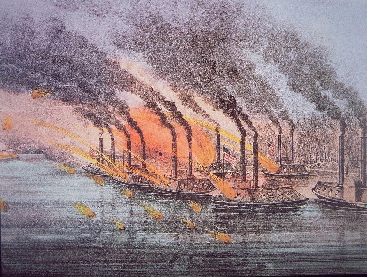 ABD Bayrak Subayı Andrew Foote Komutasındaki Zırhlı Savaş Gemileri, 6 Şubat 1862 (renkli gravür) by American School