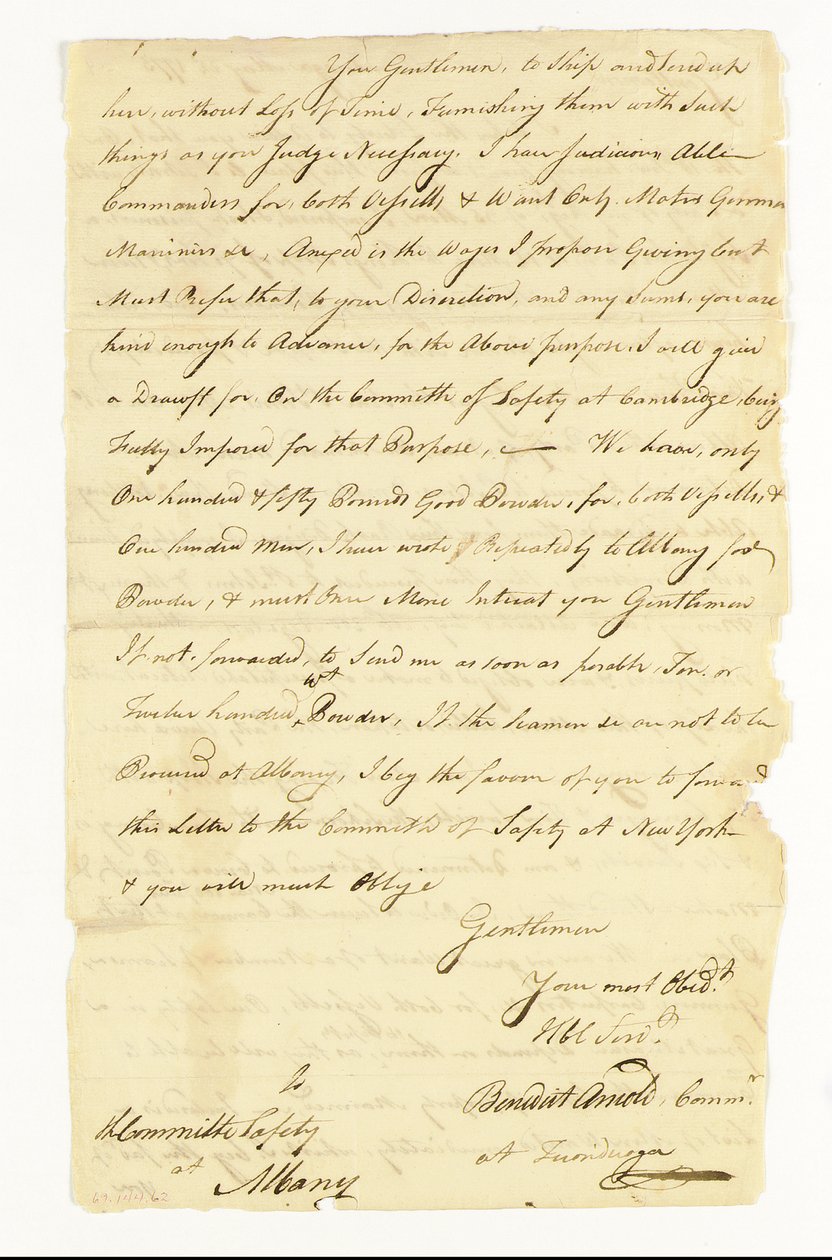 Arnold Benedict (1741-1801) General, Kıta Ordusu, Hain. Albany, Ticonderoga Güvenlik Komitesi#39;ne imzalanmış imza mektubu (quot;Benedict Arnold Commr. Ticonderoga#39;daquot;), 22 Mayıs 1775 (kağıt üzerinde kalem ve mürekkep) by American School