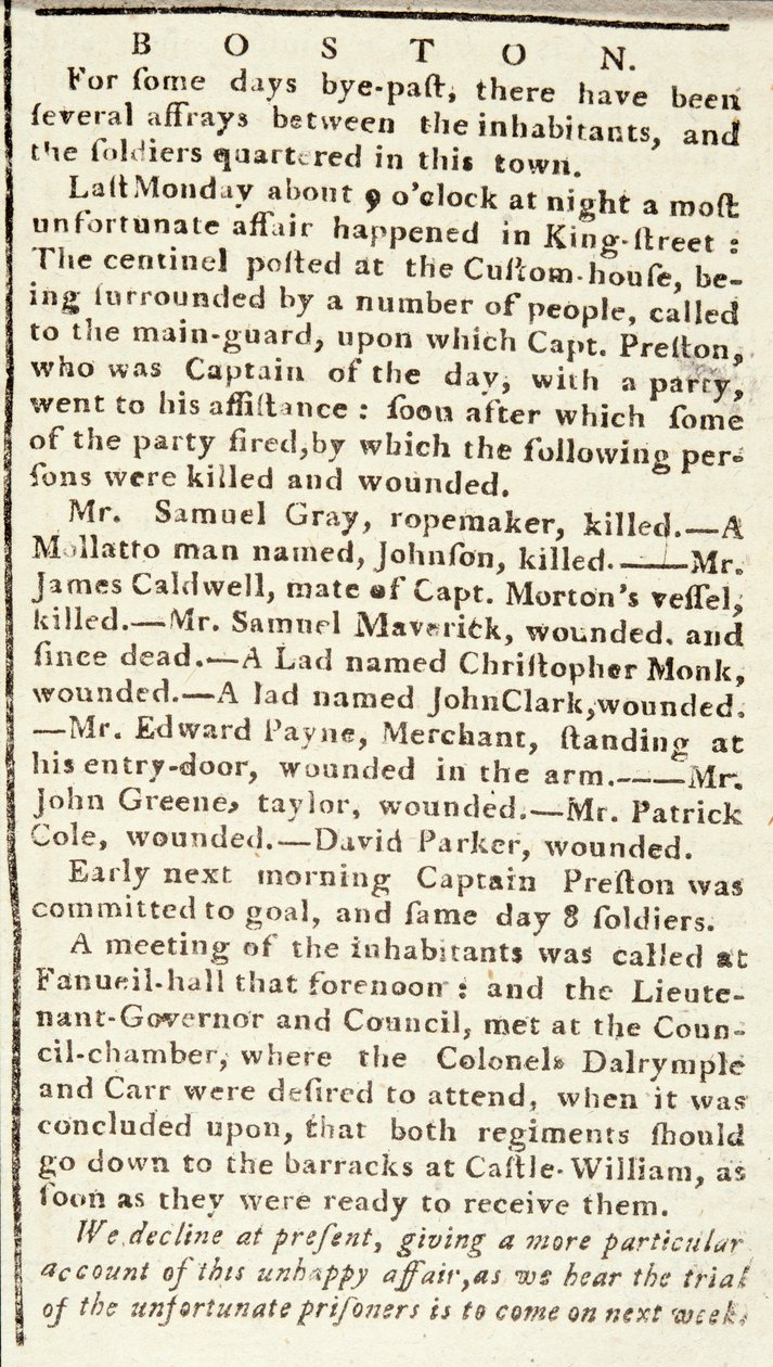 Boston Katliamı olaylarını detaylandıran Boston Chronicle makalesi, 5 Mart 1770 (gazete) by American School