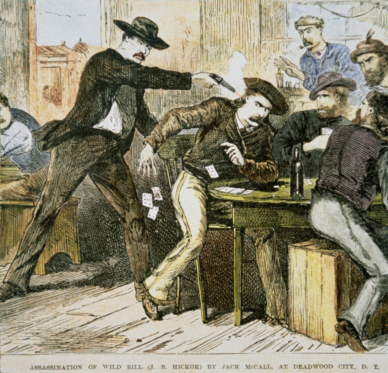 Dakota Bölgesi, Deadwood City'de Jack McCall tarafından 'Wild Bill' (WB Hickok) suikastı, 2 Ağustos 1876 (renkli taş) by American School