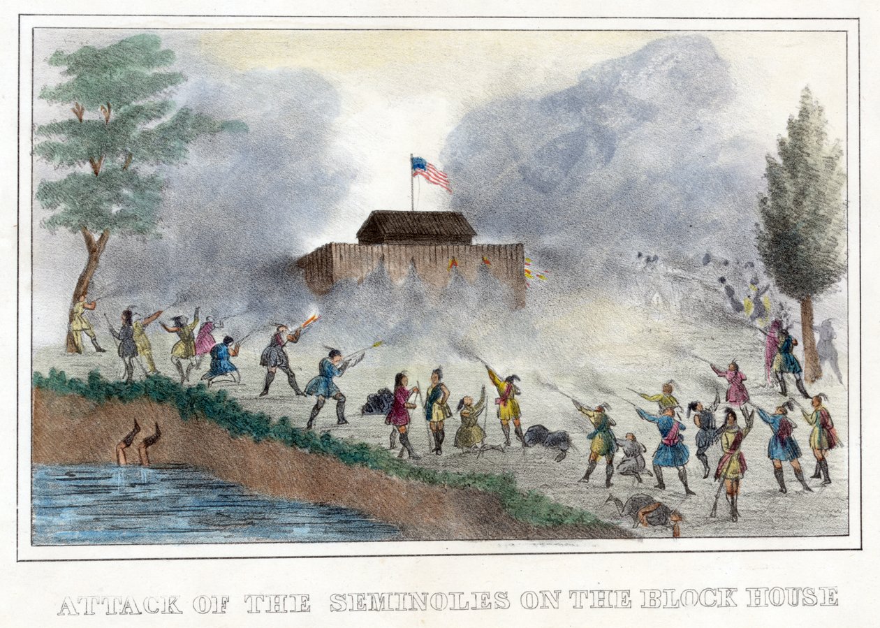 Blok Evdeki Seminole Saldırısı, pub. 1836 (el renkli gravür) by American School