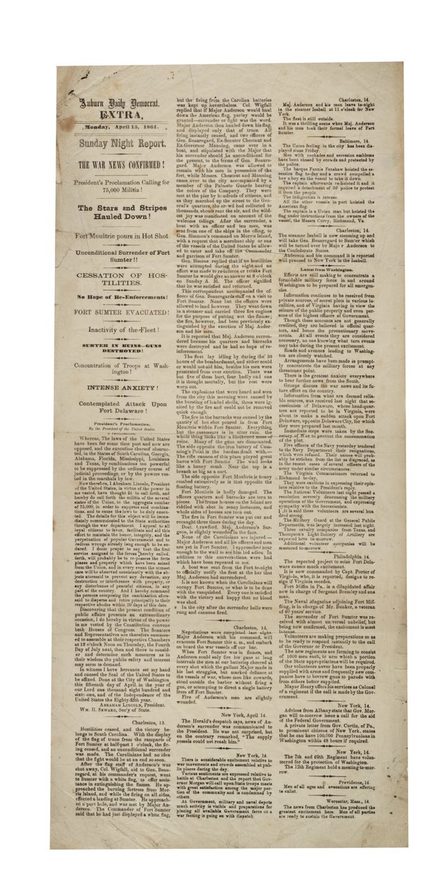 Auburn Daily Democrat Ekstra yeniden: Fort Sumter, 15 Nisan 1861 by American School