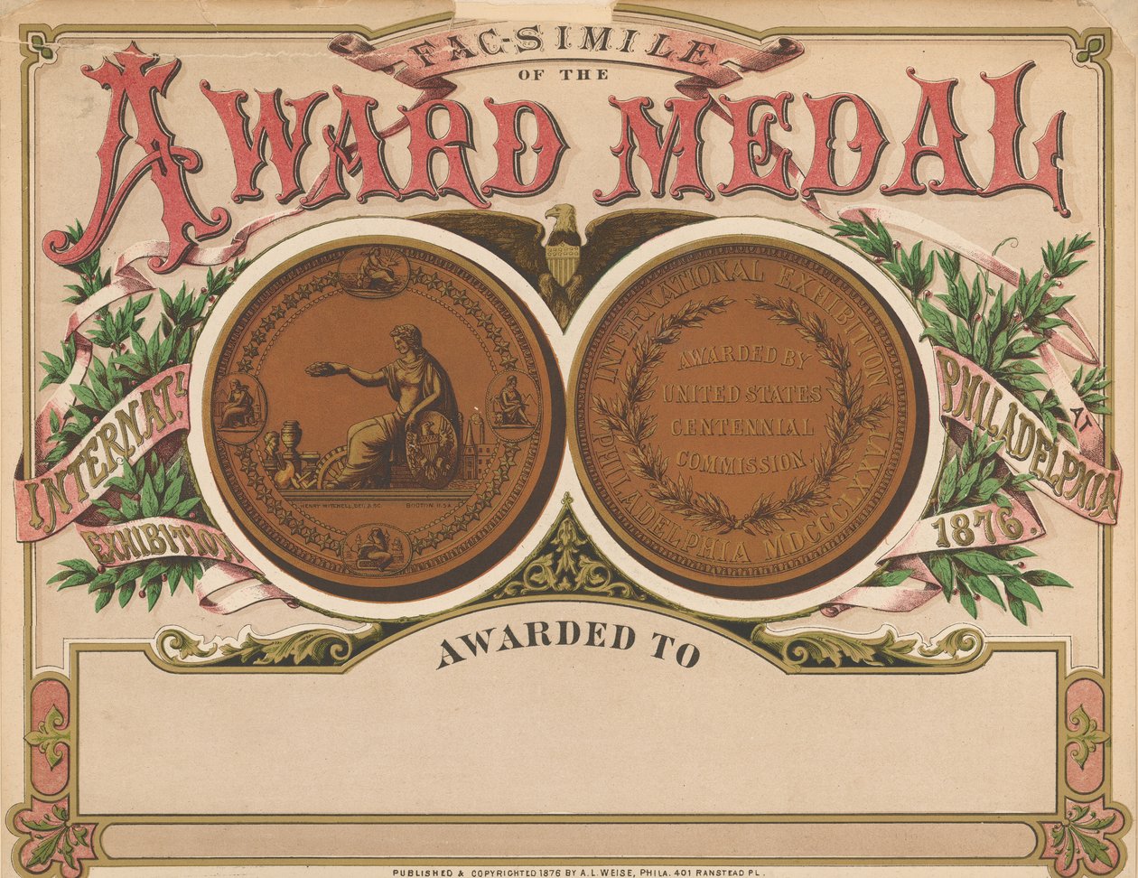 "Ödül Madalyası", Centennial Sergisi Karalama Defteri, 1876 by American School