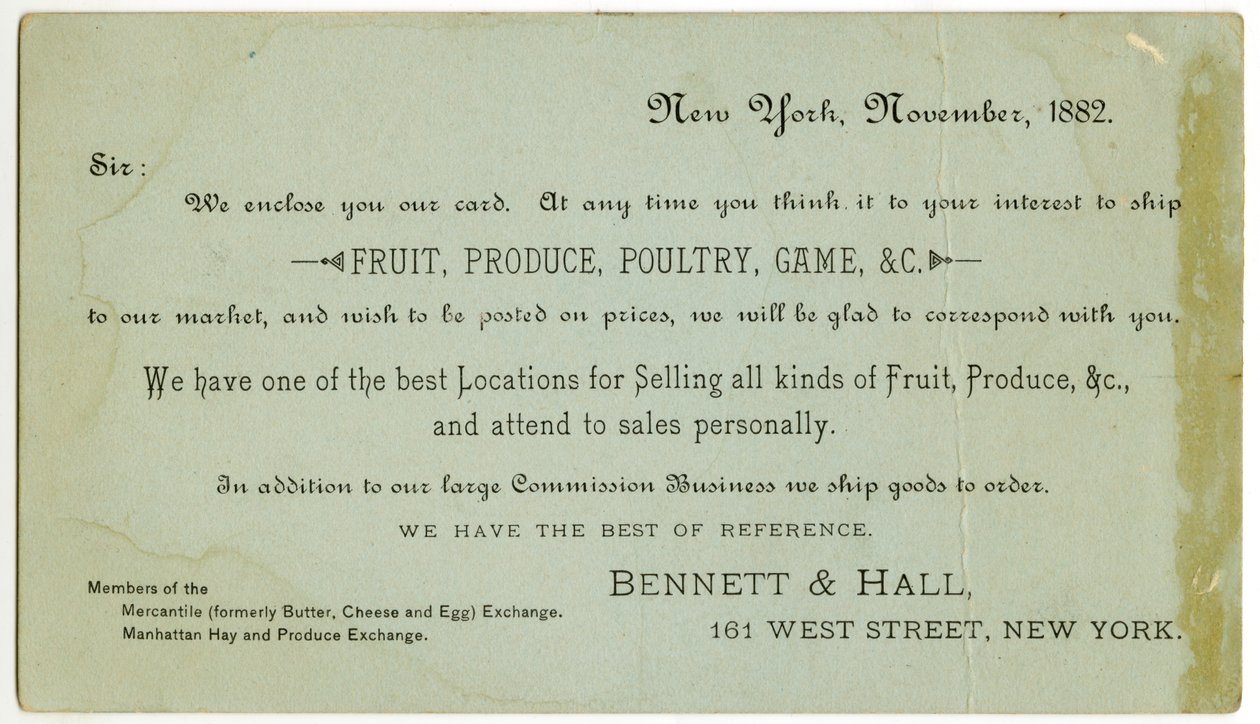 Bennett & Hall ticari kartı [verso], 1882 (oyulmuş litografi [ticari kart]) by American School