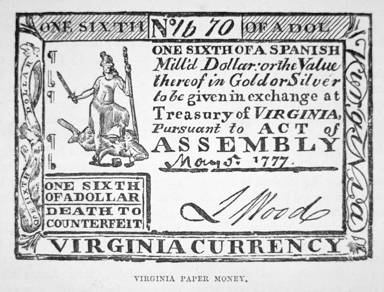 Bir doların altıda biri için fatura, 1777 Virginia kağıt parası (lito) by American School