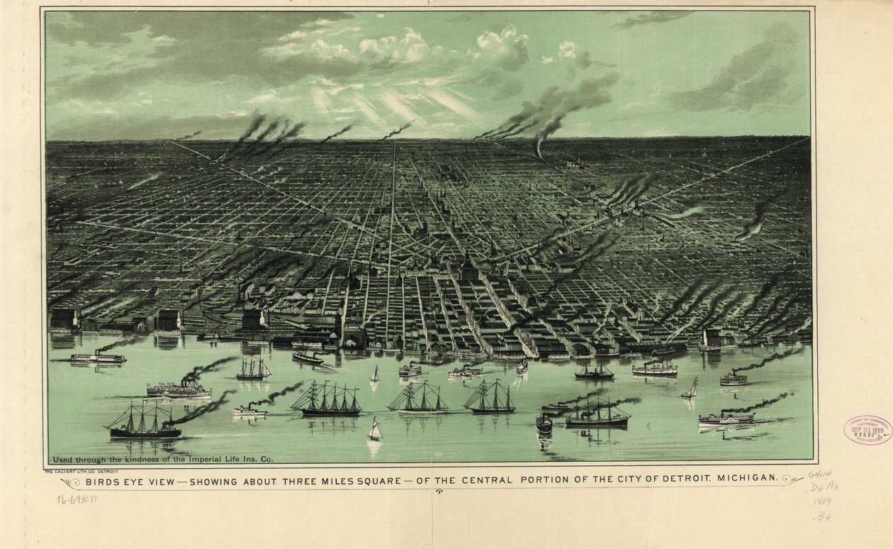 Detroit şehrinin orta kısmının kuş bakışı görünümü - yaklaşık üç mil kareyi gösteriyor, Michigan, 1889 dolayları (litho) by American School