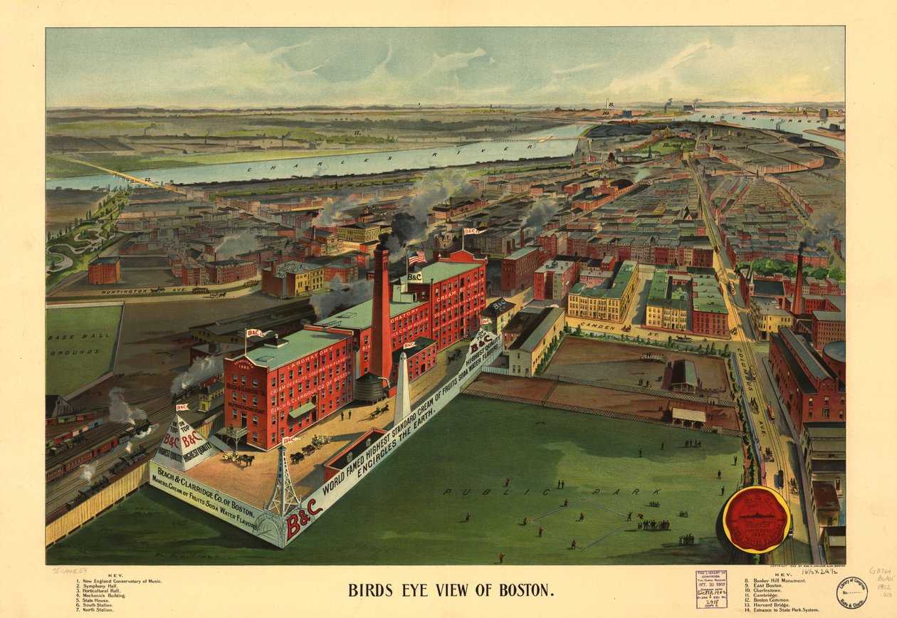Boston'un kuşbakışı görünümü, c.1902 (renkli taş) by American School
