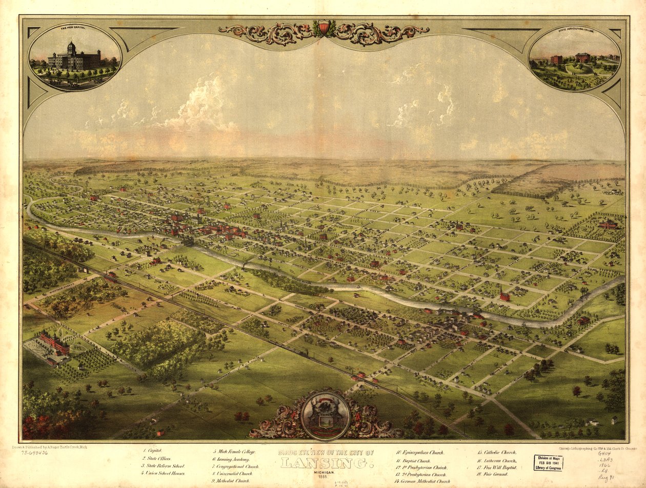 Lansing şehrinin kuş bakışı görünümü, Michigan 1866 (renkli taş) by American School