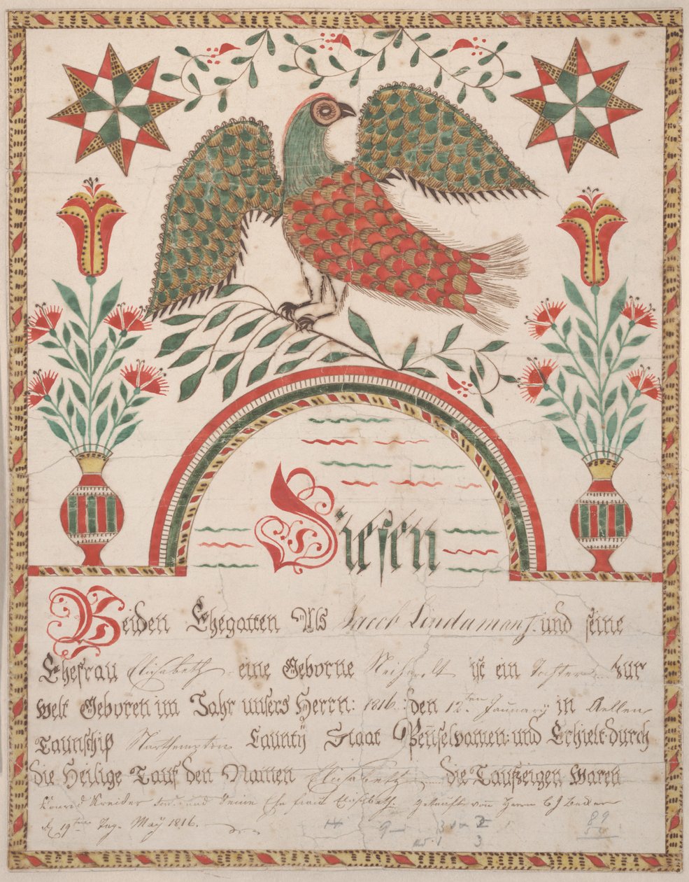 Elisabeth Lindaman için Doğum ve Vaftiz Belgesi, c.1820 (kağıt üzerinde mürekkep ve wc) by American School