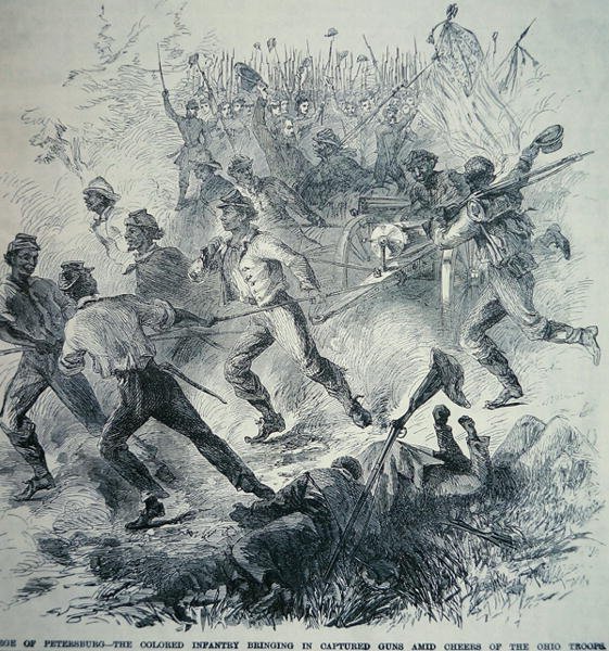 Birlik Ordusunun Kara Birlikleri, Petersburg Kuşatması (1864-65) sırasında Ele geçirilen Silahları getiriyor (litho) by American School