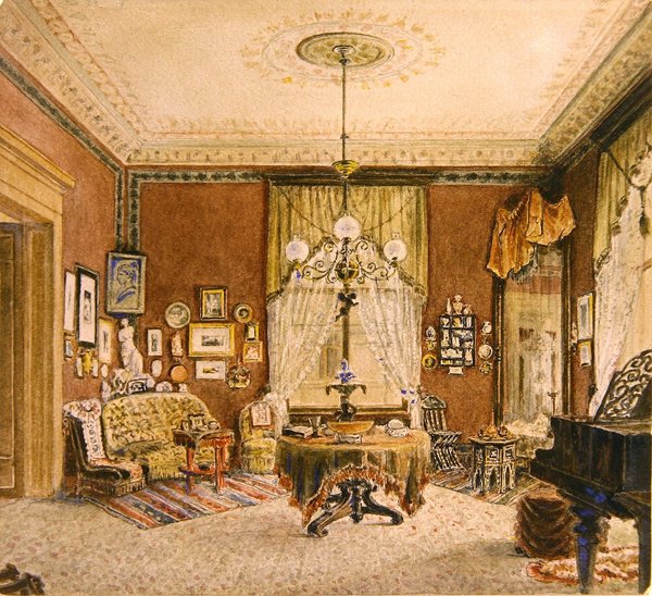 Boston misafir odası iç mekanı, c.1890 (kağıt üzerine sulu boya) by American School