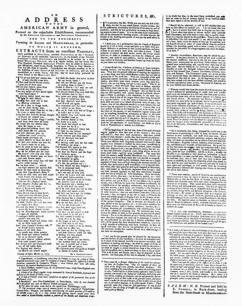 Amerikan Ordusuna Bir Adres ile Broadside, Salem, 1775 (baskı) by American School