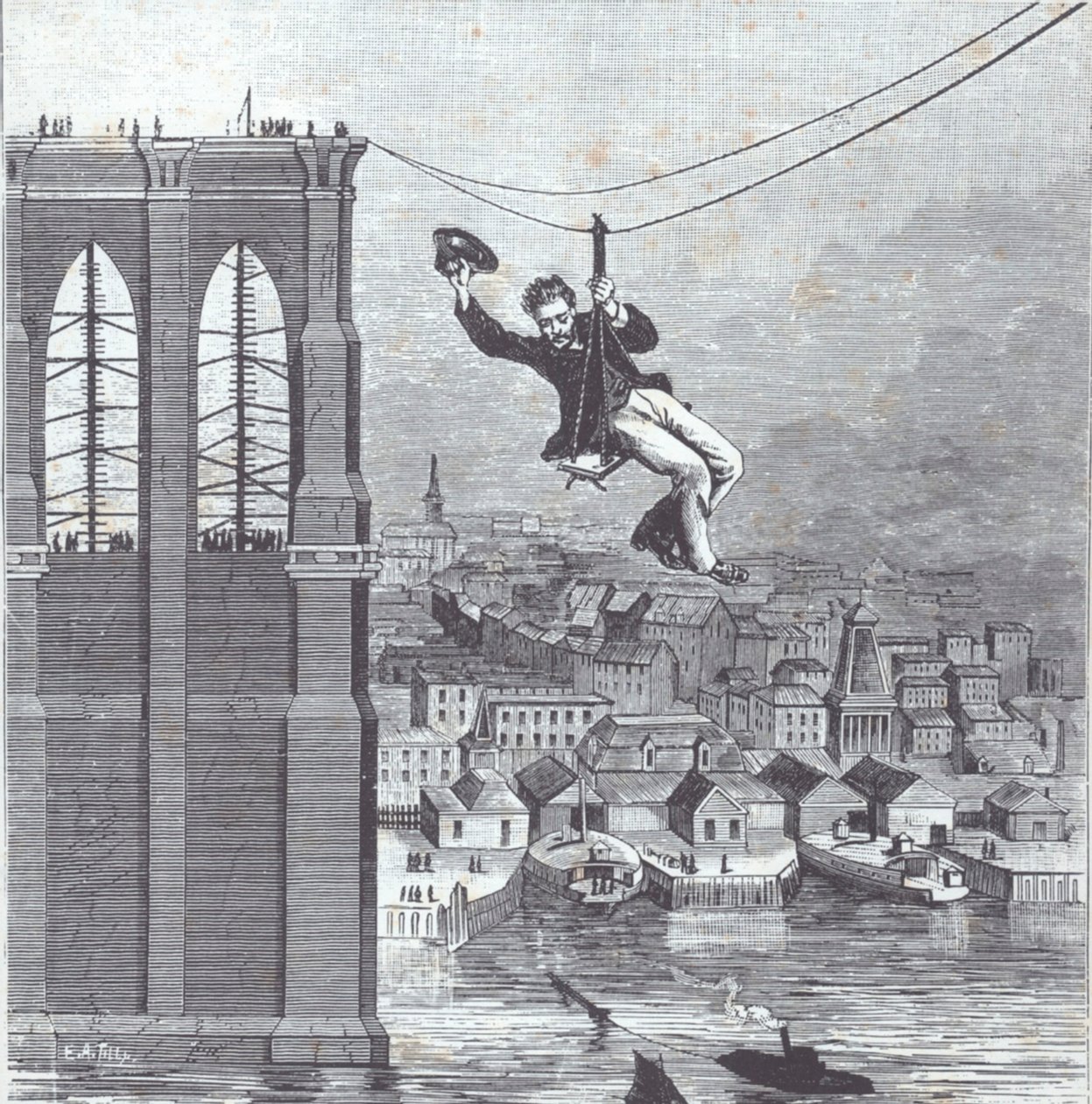 Brooklyn Köprüsü yapım aşamasında; İnşaat şefi Bay Farrington, 25 Ağustos 1876