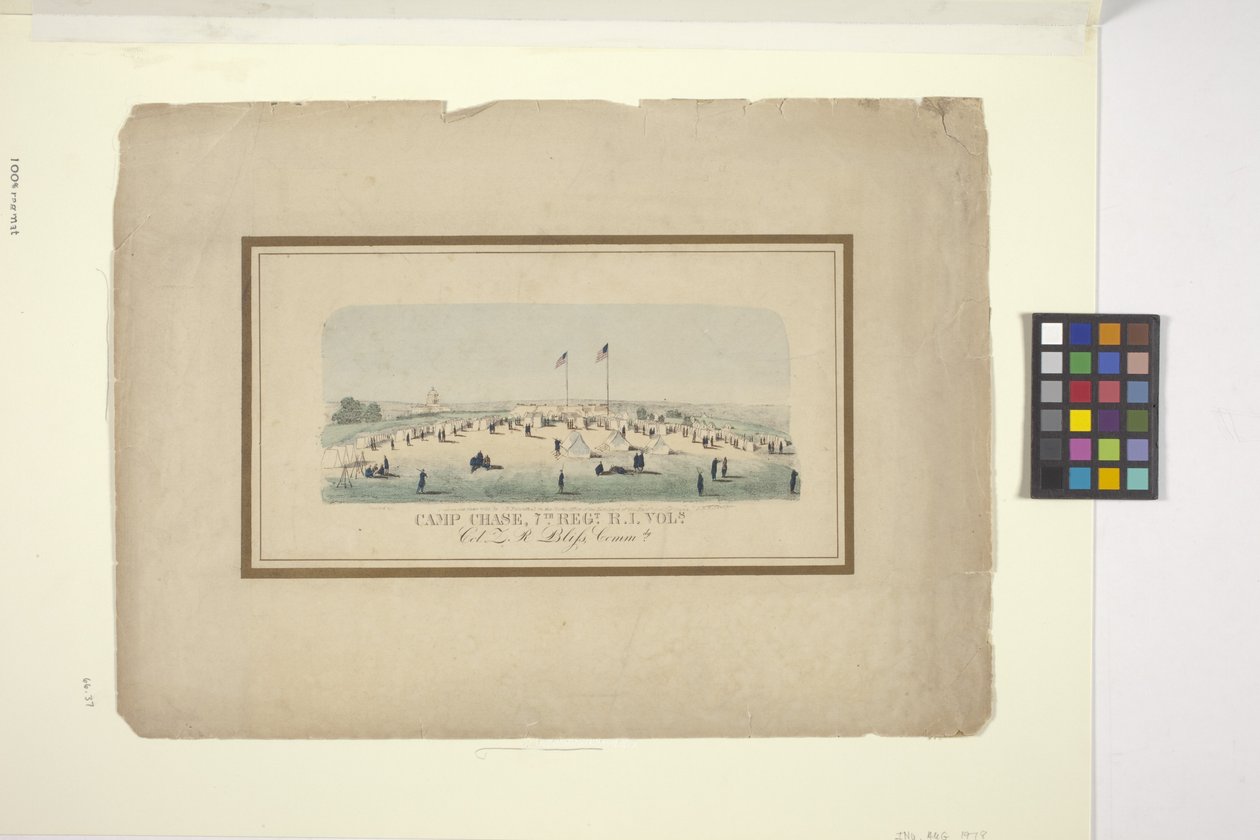 Camp Chase, 7Th Regt., RI Ciltleri. (elle renklendirilmiş litografi) by American School