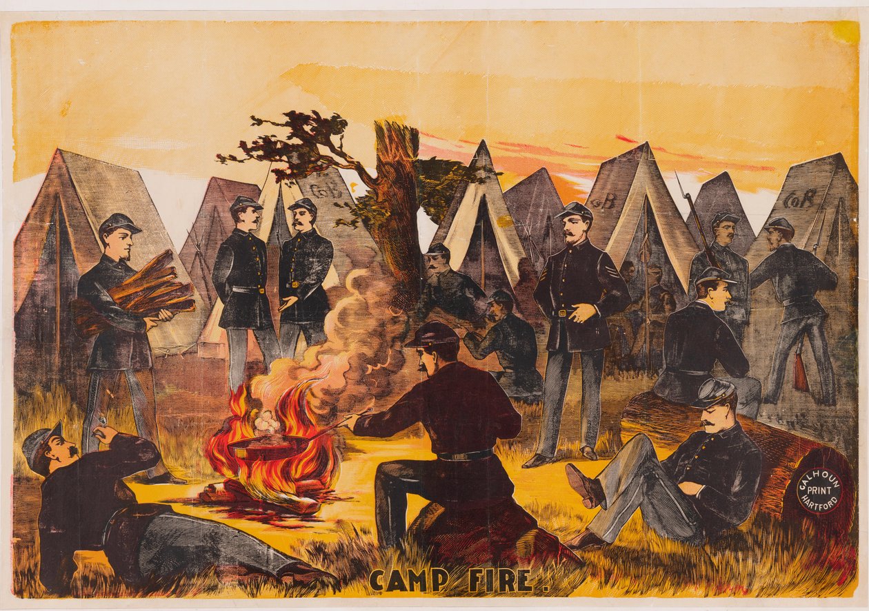 Kamp Ateşi, bar. c1865 renkli litografi by American School