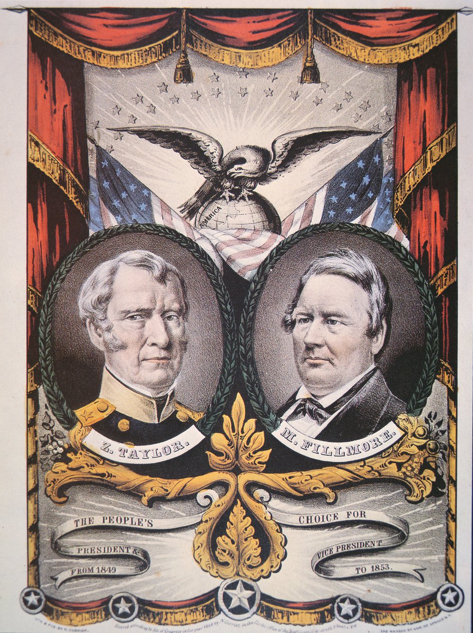 Başkan adayı Zachary Taylor (1784-1850) ve koşu arkadaşı Millard Fillmore (1800-74) 1848 (renkli taş) için kampanya afişi by American School