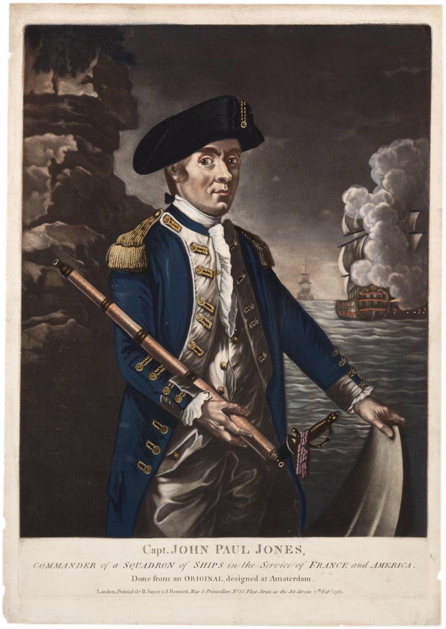 Kaptan John Paul Jones, Fransa ve Amerika Hizmetinde Bir Gemi Filosu Komutanı, 1780 (el boyaması mezzotint) by American School