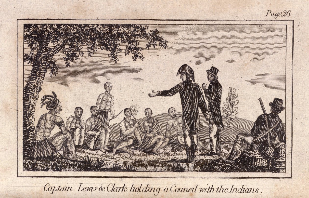 Kaptan Lewis & Clarke Kızılderililerle bir Konsey düzenliyor, pub. 1812 (gravür) by American School