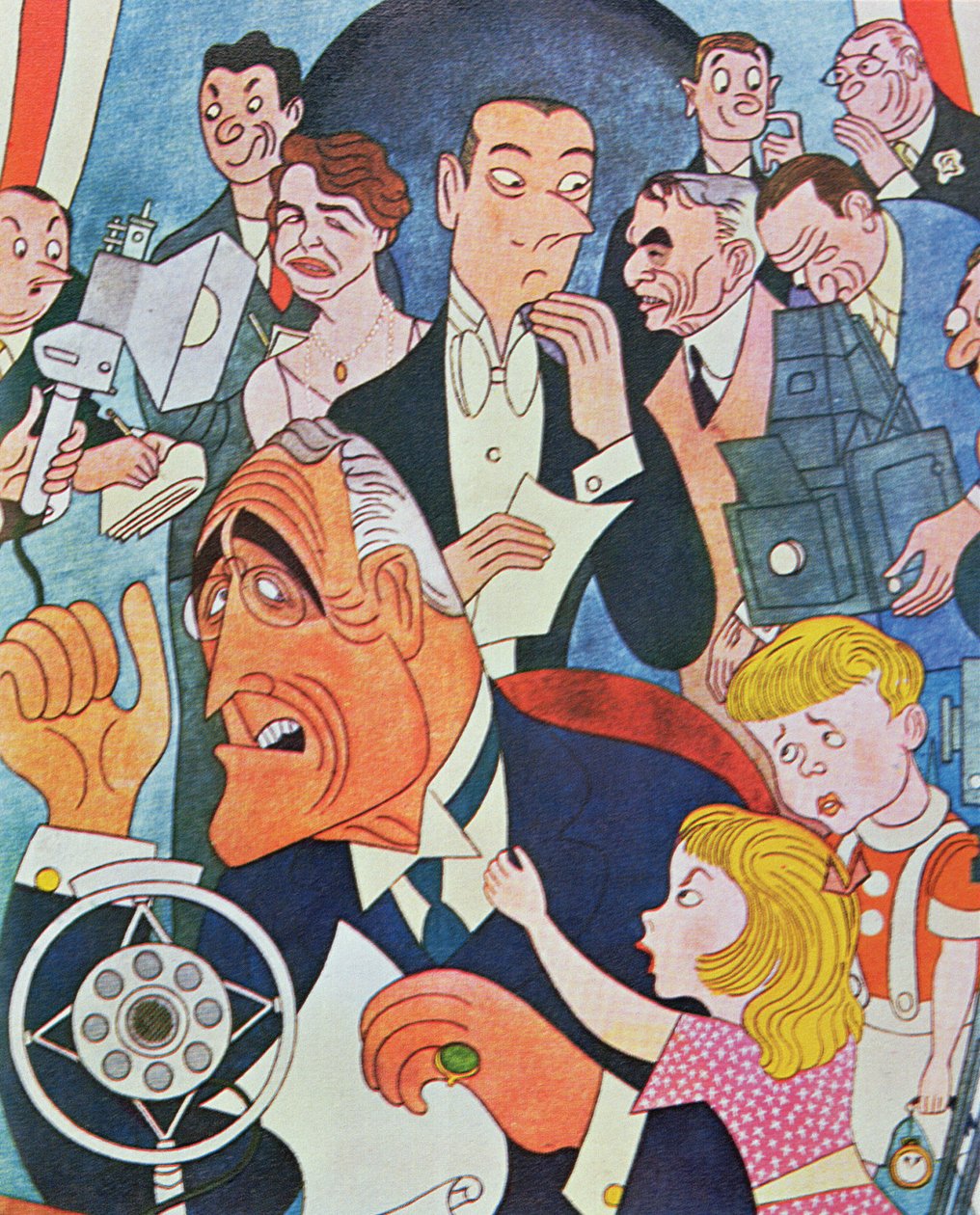 Başkan Roosevelt'in ulusa yönelik 'Ocakbaşı Sohbetleri' radyo yayınlarına ilişkin karikatür yorumu (renkli taşbaskı) by American School