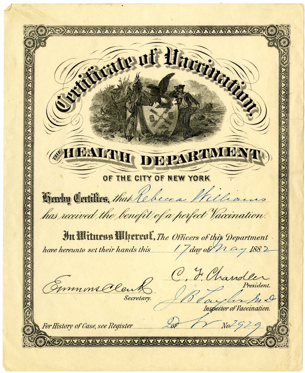 Aşı Sertifikası, New York Şehri Sağlık Departmanı..., 1882 (mürekkeple doldurulmuş gravür [sertifika]) by American School