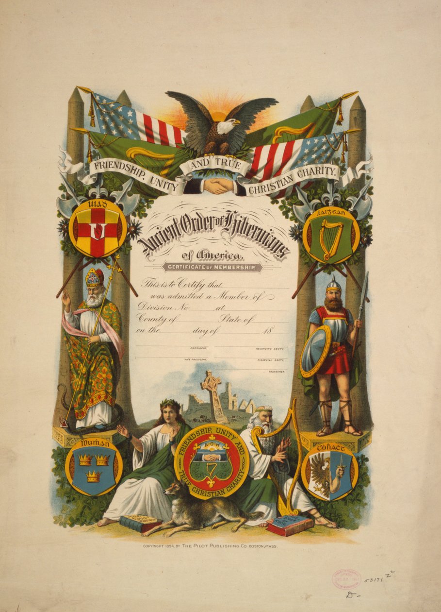 Amerika Hibernians Antik Düzeni üyelik sertifikası, c.1894 (renkli litografi) by American School