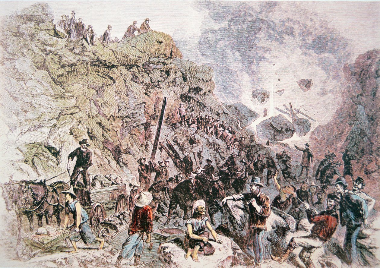 Orta Pasifik Demiryolunun inşasına yardım eden Çinli işçiler, 1869
