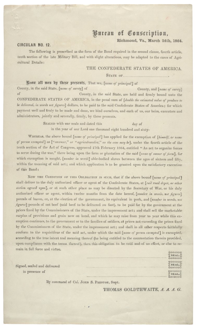 Daire numarası 12, Konfederasyon Ordusunda hizmetten muafiyet için boş bir başvuru, 24 Mart 1864 by American School
