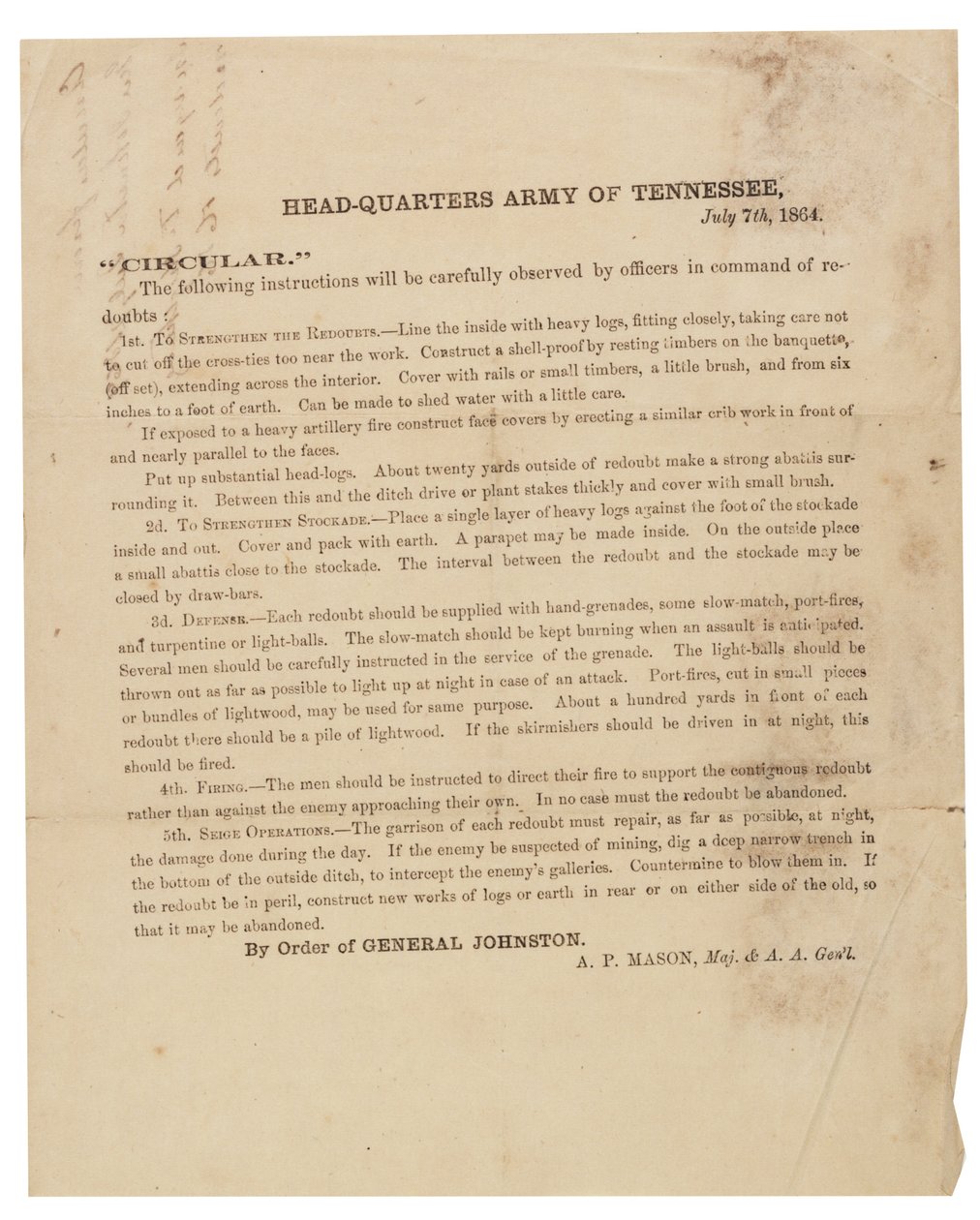 Tennessee Ordusu tarafından kullanılan tabyaların inşası ve güçlendirilmesine ilişkin genelge, 7 Temmuz 1864 by American School