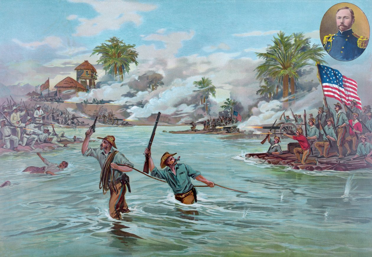 Albay A.Ş. Funston ve 20. Kansas Gönüllüleri Calumpit'te Nehri Geçerken, 26 Nisan 1899, pub. 1899 (renkli üyeler) by American School