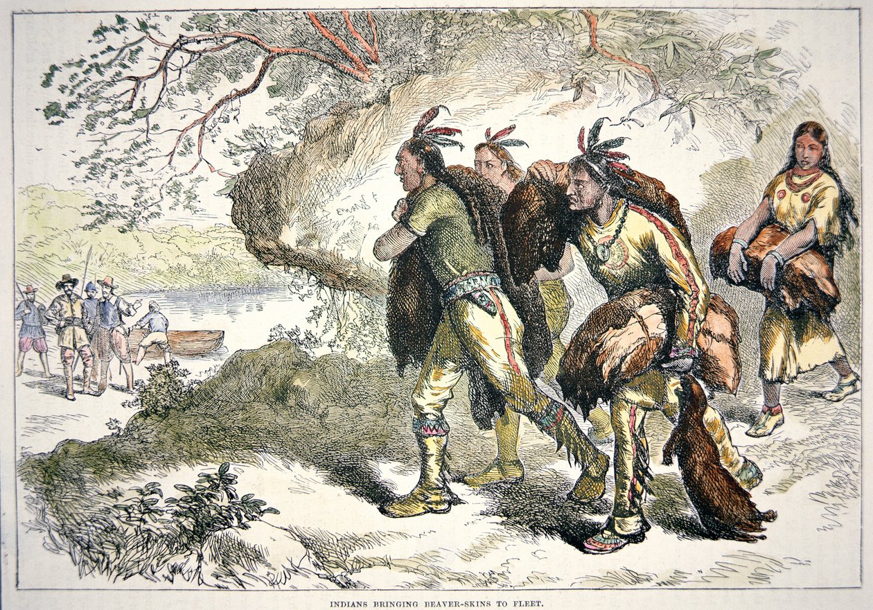 Koloni Kürk Tüccarları (renkli gravür) by American School