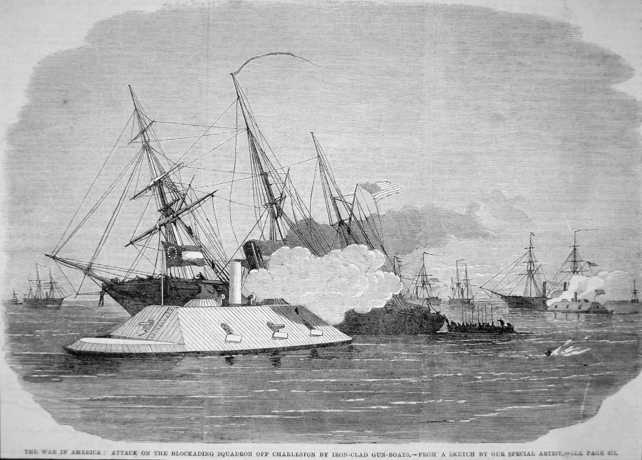 Konfederasyon zırhlıları Charleston açıklarındaki Federal abluka filosuna saldırdı, 4 Nisan 1863 (lito) by American School