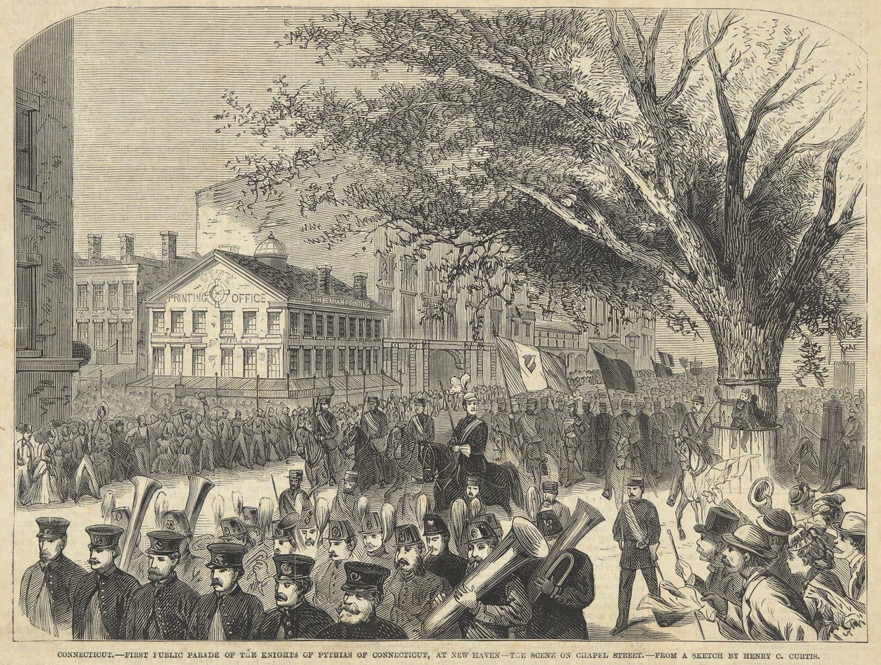 Connecticut - Connecticut Pythias Şövalyelerinin New Haven'daki İlk Halk Geçit Töreni. Harper's Weekly'den Chapel Caddesi'ndeki Sahne, pub. 1872 (gravür) by American School