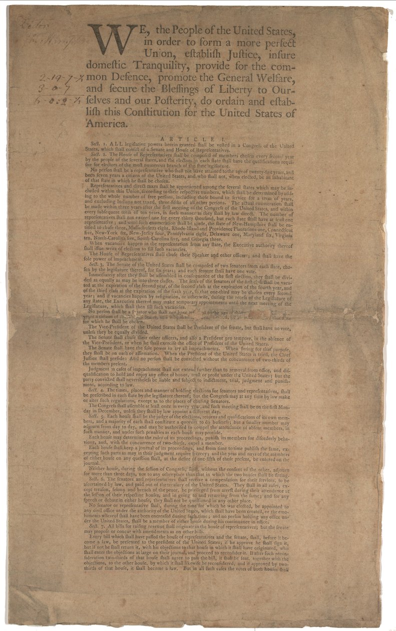Anayasa, ilk baskı, Dunlap & Claypoole tarafından basılmıştır, 17-19 Eylül 1787 (2. sayfa için bkz. GLC 695934). by American School