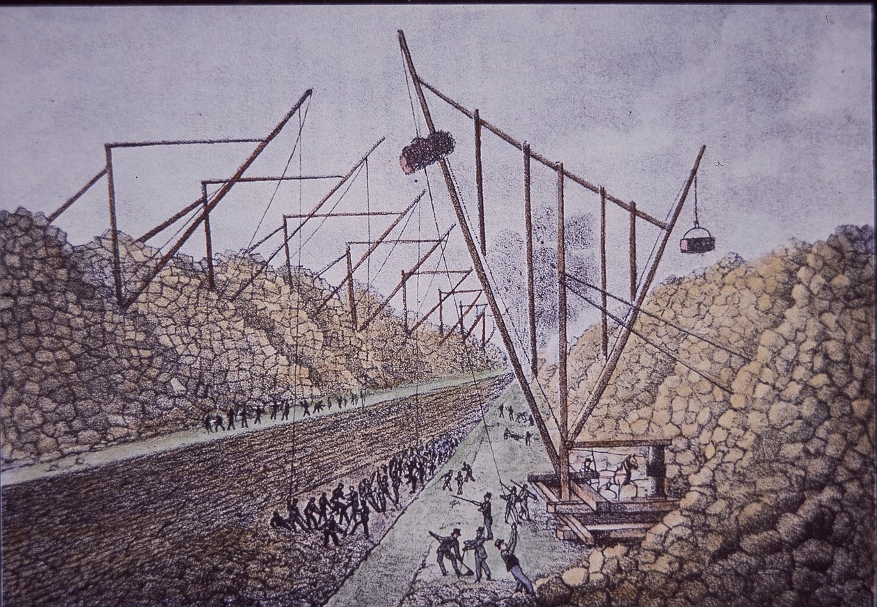 Lockport, Erie Canal (renkli gravür) yakınlarındaki inşaat bumbaları by American School