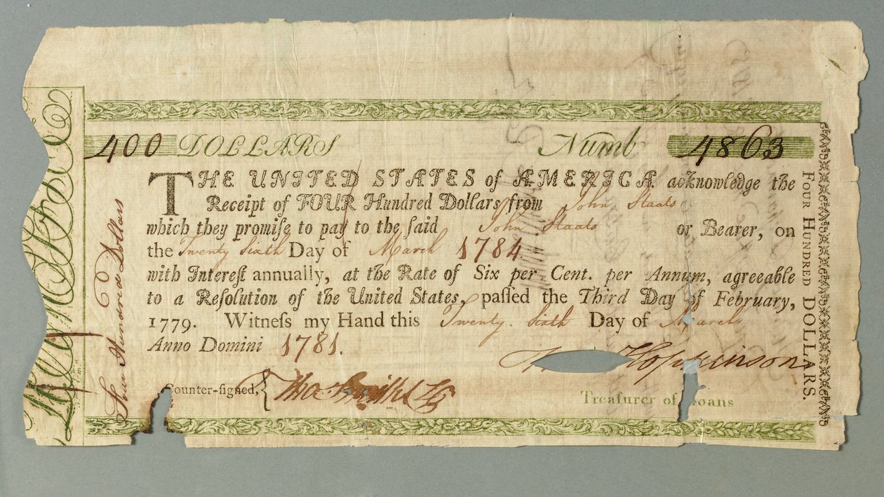 Sayman Francis Hopkinson tarafından imzalanmış 4863 numaralı Continental Loan Office Sertifikası, 26 Mart 1781 by American School