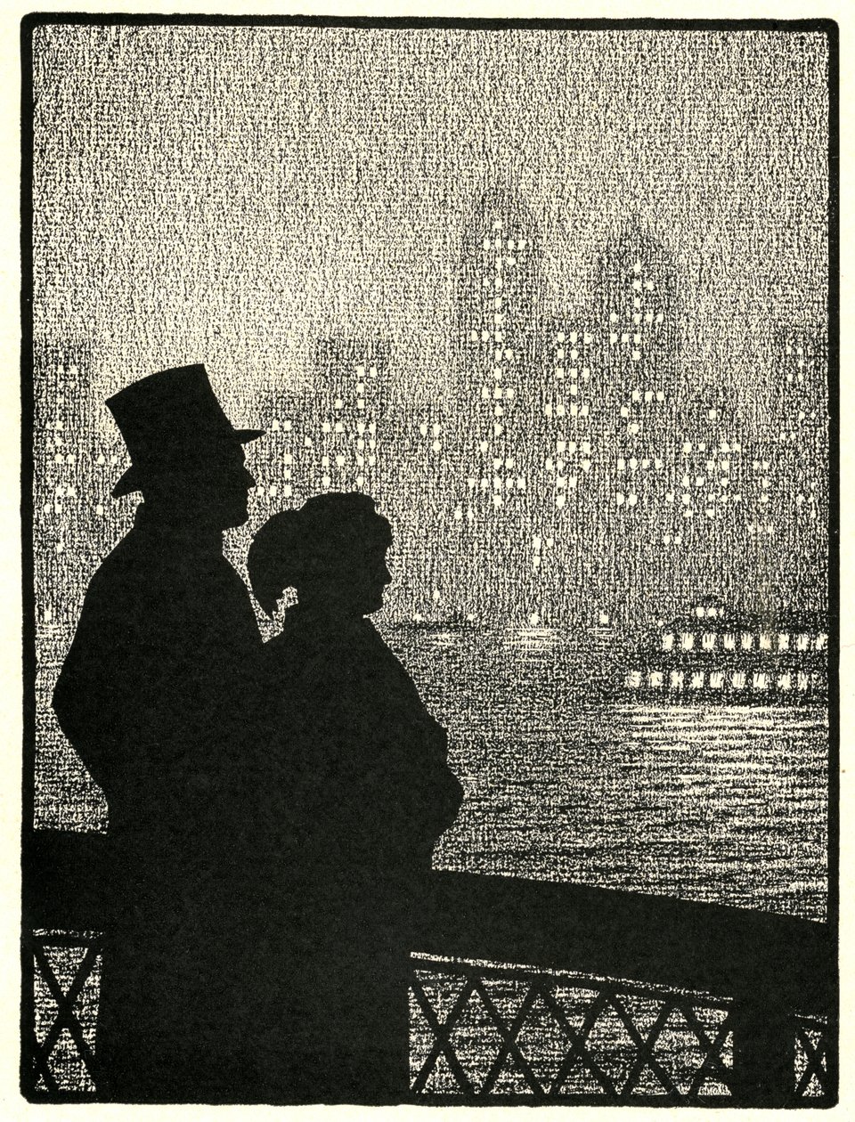 Çift Manhattan siluetine bakıyor by American School