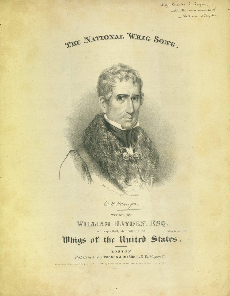 Parker & Diston, Boston, 1840 tarafından yayınlanan William Hayden tarafından yazılan Ulusal Whig Şarkısı sayfasının kapağı by American School